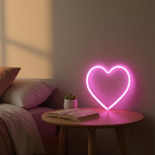 Image of Teafasty Pink Heart Neon Sign LED Light USB Battery Powered Room Decor | Dual power design, soft pink glow, wall mount or tabletop display for bedrooms, parties, weddings and festive occasions