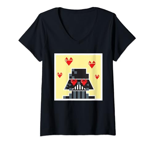 T-shirt Star Wars femme col V noir avec imprimé rétro 8-bit Darth Vader et cœurs