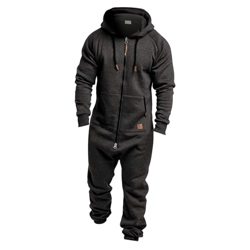 Mens Jumpsuit Zip Up Solid Pajama Unisex One Piece New Year Lounge Playsuit Adult Onesie with Hood