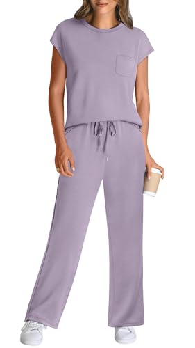 Image of WIHOLL 2 Piece Sets for Women Casual Summer Travel Vacation Outfits Cap Sleeve Lounge Set