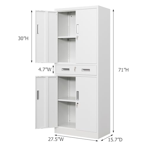 Metal Storage with 1 Drawer, 71" Cabinet with 4 Locking Doors and 2 Adjustable Shelves, Steel Storage File Cabinet for Pantry, Kitchen, Office, Garage (White)