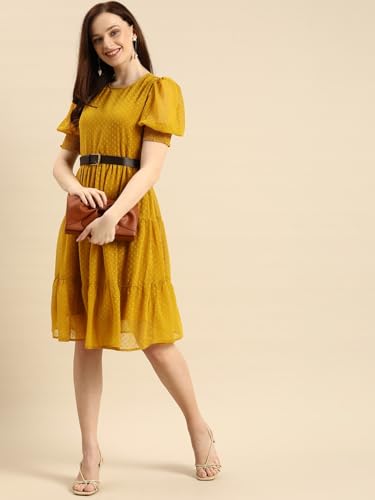 Image of Amazon Brand - INKAST Women A-Line Midi Dress | Puff Sleeves | Perfect for Casual and Semi-Formal Occasions