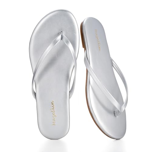Image of mazeskin Women's Memory Foam Comfortable Flat Thong Sandals Dressy Summer Beach Leather Slide Flip Flops