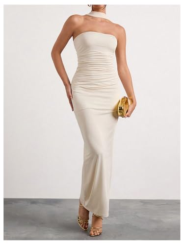 Image of Milumia Women's Halter Neck Ruched Strapless Sleeveless Tube Bodycon Maxi Dresses