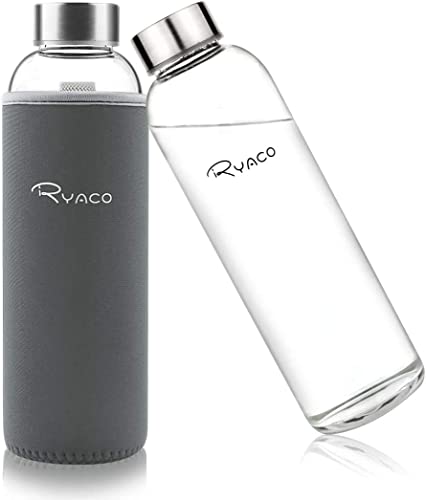 Image of Ryaco 550ml /18oz Water Bottle, Portable Glass Water Bottle with Sleeve for Hot and Cold Drinks, BPA Free, Glass Bottle with Sponge Brush, Dishwasher Safe