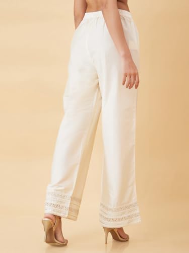 Image of Globus Women Straight Mid Rise Off White Solid Palazzos, 28