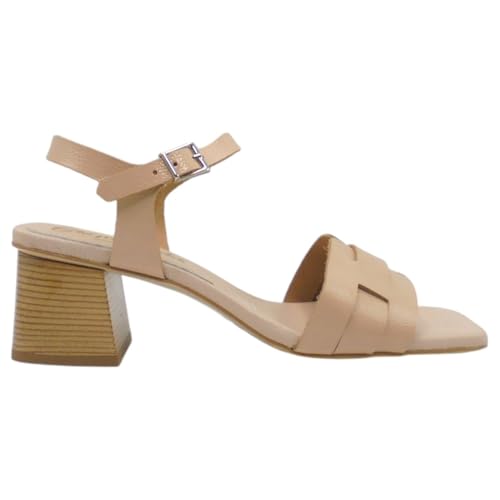 Oh! My Sandals   5360 Sandalia de Vestir para Mujer con Tacón Medio Ancho de 5 cm, Piel Grabada y Cierre de Hebilla – Elegante y Cómoda Mujer Color: Nude Talla: 38