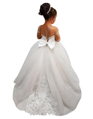 White Ivory Lace Long Sleeve Flower Girl Dresses Princess Gown Pageant Dress GZY202