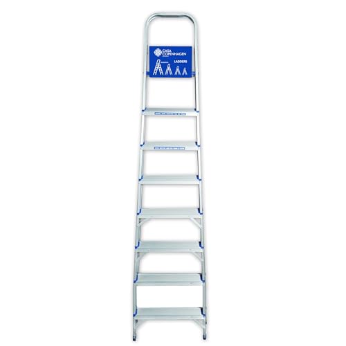 Image of Casa Copenhagen Designed in Denmark, 8-Step Foldable Aluminium Ladder Laser Cut with Super Advance Sure-Hinge Technology,7 Years Warranty - Blue