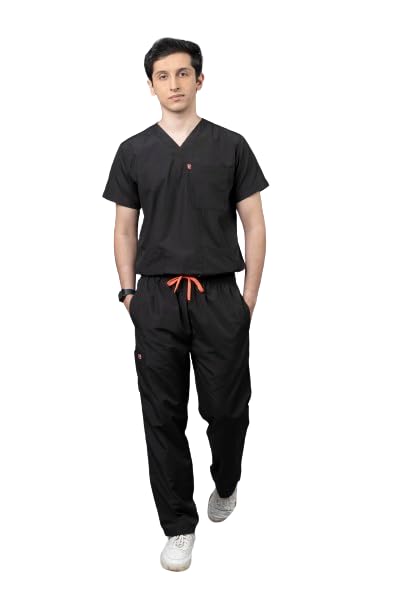 VastraMedwear Men's Scrub Suit for Doctors | Comfortable Breathable and Perfect Fit | 6 Pockets Medical Scrub Suit | Uniform for Doctors Nurses Dentists & Healthcare Professionals | Black - M