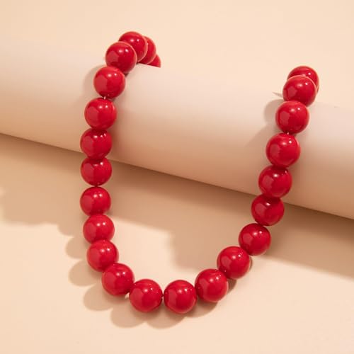 Chunky Red Beaded Necklace for Women Adjustable 16MM Acrylic Bead Choker Necklace Big Colorful Beaded Black Necklaces Large Red Pearl Statement Necklaces Jewelry Accessories4