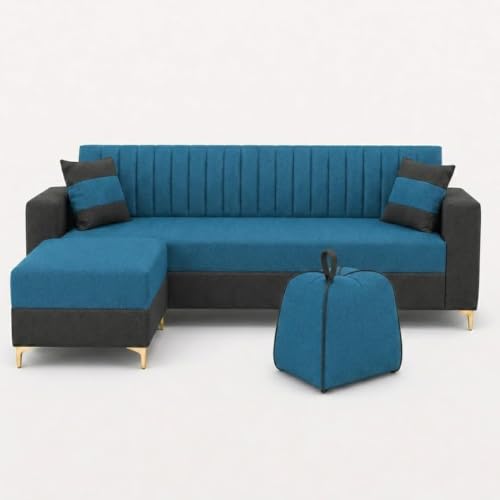 Image of FURNY Signature Regalia 4-Seater L-Shape Sofa Set with Movable Ottoman & Suri Pouf | Flexible LHS /RHS Layout | Boston Fabric | 40D Foam + Zigzag Spring | 3-Yr Warranty (Steel Grey - Sea Blue)