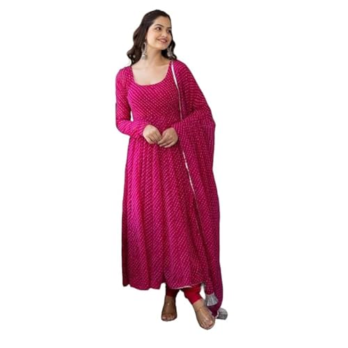 Image of Modestouze Attires Women's Rayon Printed Kurta Set | U Neck Full Sleeve Fit Flared Anarkali Kurti and Print Dupatta