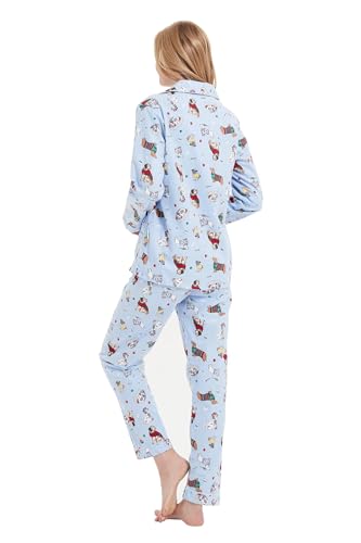 GLOBAL Schlafanzüge Damen Flanell | Baumwolle Damen Pyjama Set | Zweiteiliger Nachtwäsche Damen Pjs Set Lang | Knopfleiste vorne und Kordelzug |Blauer Süßer Hund L