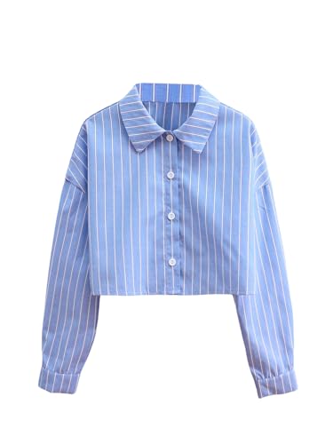 OYOANGLE Girl's Striped Button Down Shirts Long Sleeve Cropped Collared Blouse2