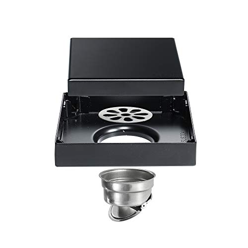 GLYYR Square Floor Drain 304 Stainless Steel Black Large Displacement Shower Drain with Filter Removable Cover Seal Deodorization Wetroom Drainage System, 100×100mm