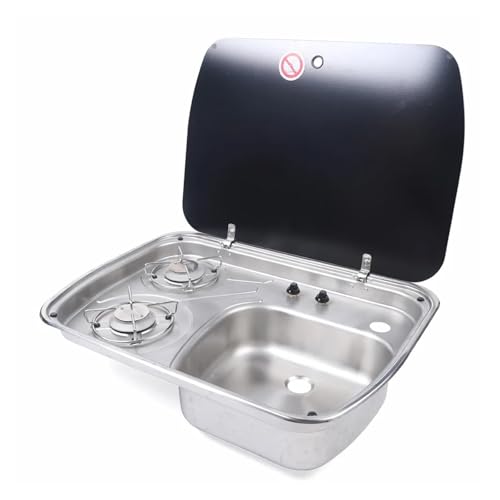 EDEDE Ensemble cuisinière à gaz 2 Feux, Plaque de Cuisson et évier avec Couvercle en Verre trempé, lavabo en Acier Inoxydable for Camping-Car, Caravane,...