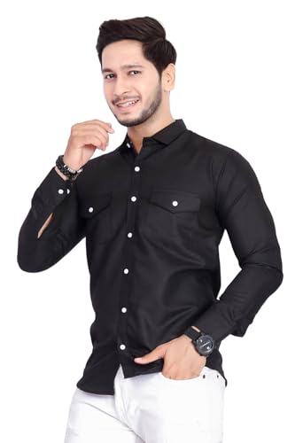 Image of Men's Cotton Spread Collar Full Sleeve Regular Fit Solid Casual Shirt with Double Pockets - Stylish Comfortable Shirt for Everyday Wear