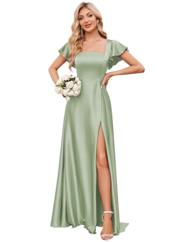 Trifetcrow Flutter Sleeve Satin Bridesmaid Dress Long Sage Green Prom Dresses with Slit Boho Square Neck A Line Formal Evening Gowns Size 18