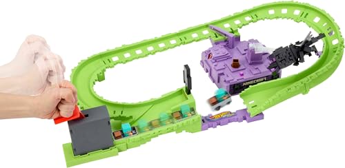 Image of Hot Wheels Toy Car Track Set, RacerVerse Minecraft Playset & Die-Cast Diamond Armor Steve in Minecart Vehicle, Launch & Race to Defeat Ender Dragon