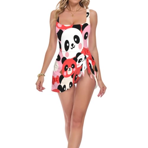 Maillot de bain minceur panda rouge à col carré pour femme pour la natation