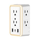 6-Hole Socket Extender, USB Wall Charger, Surge Protector, Multi-Plug Socket with Photosensitive Night Light, with 2 USB-A Charging Ports + 1 USB-C Charging Port, White