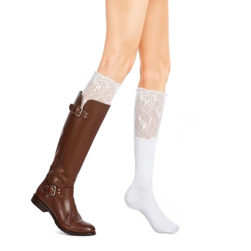 Grevosea - Grevosea 2 Pairs Lace Knee High Socks, Cute Y2K Boot Socks with Lace Trim Long over Knee Stocking for Women (White)