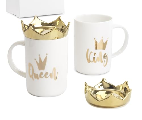Set 2 Tazze 'King' E 'Queen' Con Tappo Corona 13.6 Cm In Porcellana Con Gift Box Mandorle Bomboniere