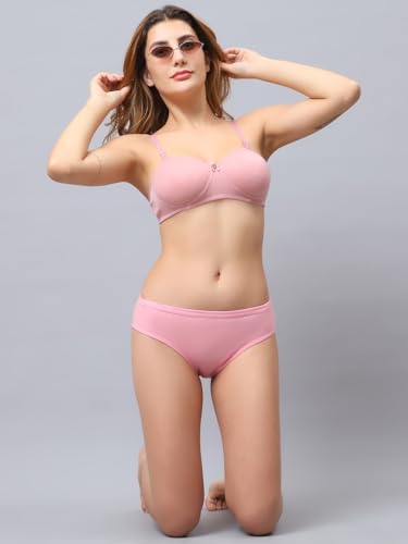 Image of Cotton Blend Light Padded Non Wired Full Coverage Bra and Panty Set Lingerie Set for Girls and Women