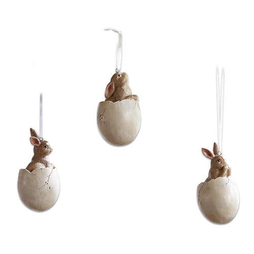 Loberon Anhänger 3er Set Évreux, von Hand bemalt, Häschen in Ostereiern, mit Schleifchen zum Aufhängen, Ostern, Osterfiguren, Osterdeko, Polyresin, Nylon, antikweiß