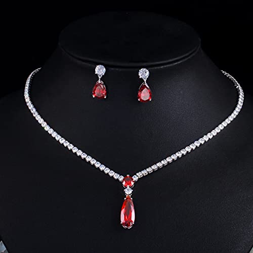 Conjunto de joyería de circonia para mujer con gotas rojas y púrpuras