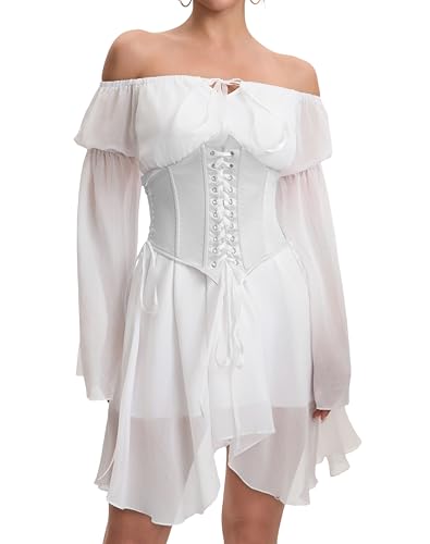 Image of Womens Corset Dresses Off Shoulder Bell Sleeve Casual Party Fairy Two Piece Outfits Bustier Dress