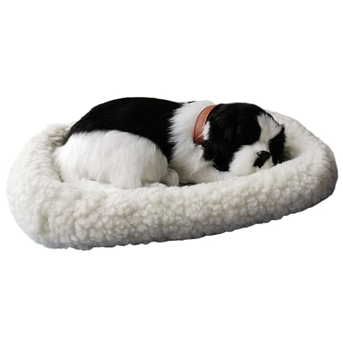 HoveeLuty Peluche de cão que respira, dormindo sobre uma almofada, realista, interativo, funciona com pilhas, cachorro realista para crianças, presente para crianças, cachorro de peluche branco.