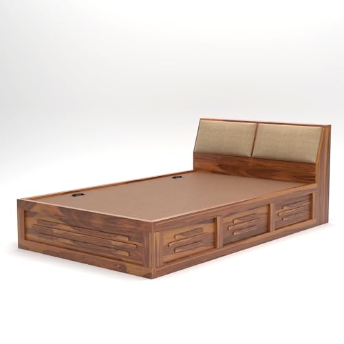 Image of Solid Sheesham Wood Armania Single Size Bed with Hydraulic Storage Bed for Bedroom Living Room Solid Wooden Furniture Bed for Home Hotels -(Natural Finish) 1 Year Warranty (Natural)