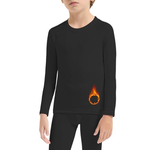Towintec Boys Thermal Compression Shirts –Youth Fleece Lined Long Sleeve Shirt Soft Warm Underwear Crewneck Winter Cold Weather Base Layer Athletic Undershirt for Football Baseball(Black,L)