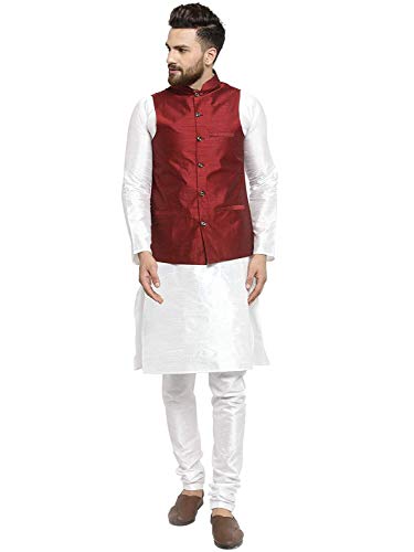 Ensemble Kurta Pyjama Homme Blanc et bordeaux en soie mélangée avec veste Nehru