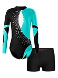Mädchen Kinder Turnanzug Tanz Ballett Body Leotard Kurze Gymnastikhose Turnhose Outfit Langarm Bedruckter Patchwork Sport Bodysuit Und Shorts Kinder Mädchen Trainingsoutfit Set