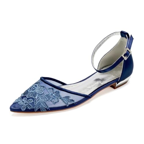 Image of Mesh Appliques Wedding Flats for Bride Pointed Toe Tie up Bridesmaids Shoes