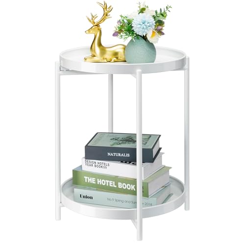 danpinera Beistelltisch Rund, Beistelltisch Weiss mit 2 Abnehmbare Tabletts, Kleiner Runder Tisch mit Stauraum, Kleiner Tisch für Wohnzimmer, Metalltisch Outdoor für Garten, Weiss