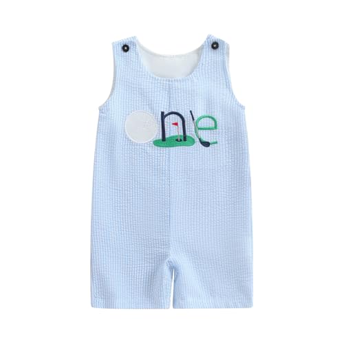 Santikisler Baby Boy 1st Birthday Outfit One Golf Romper Overall Sleeveless Jumpsuit Cake Smash Summer One Piece Clothes (Blue, 12-18 Months)
