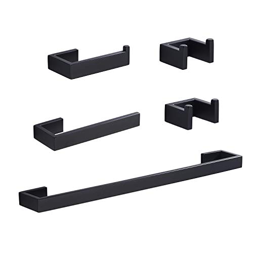 Beelee 5-Piece Bathroom Hardware Accessories Set, Includes 24 Inch Towel Bar, Toilet Paper Holder/Towel Ring, Two Robe Hooks, Wall Mount Square Style Black Bath Hardware Kit, BA89B5SET