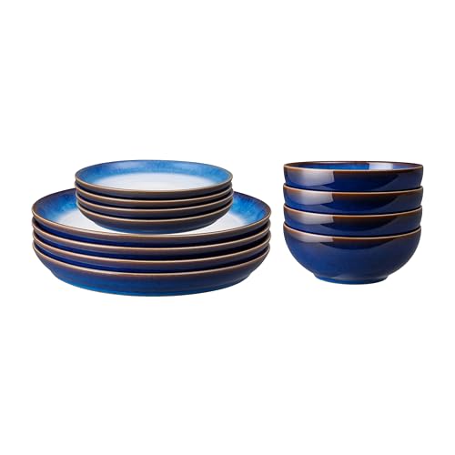 Denby - Blue Haze Dinner Set for 4-12 Piece Ceramic Coupe Tableware - Blue Glaze Plate and Bowl Set - Dishwasher Microwave Safe Crockery - Includes 4 x Dinner Plates Small Plates Cereal Bowls