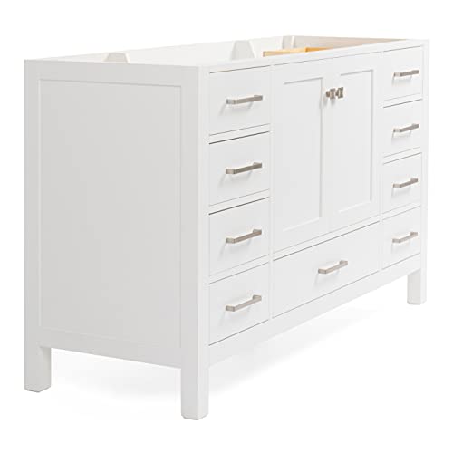 Ariel 54" Inch White Bathroom Vanity Base Cabinet With Single Sink Configuration | 2 Soft Closing Doors And 9 Full Extension Dovetail Drawers | Satin Nickel Hardware | 54" X 21.5" X 34.5" #TOP6