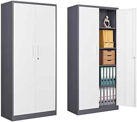 Anxxsu Metal Garage Storage Cabinet, 71" Locking Storage Cabinet with 2 Doors and 4 Adjustable Shelves, Lockable Metal Cabinet for Office,Home,Garage,Gym,School（Gray White）