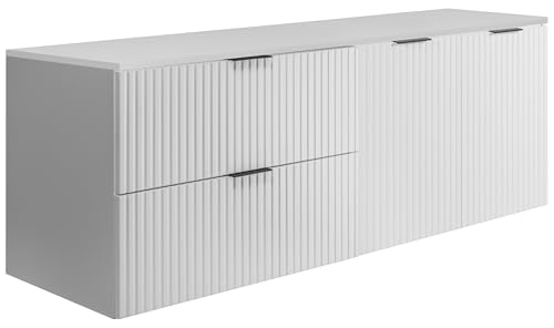 3E 3xE living.com Conjunto de baño: Mueble con cajones y Mueble con Puertas 57×46×160 cm, encimera Blanco/Blanco, Tirador Negro