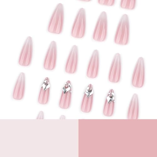 Image of 24 Pcs Press on Nails Pink White Ombre Fake Nails Rhinestone Nail Press ons Reusable Glossy Full Cover with Glitter Design Medium Almond False Nail for Women Manicure
