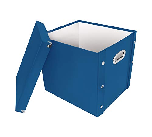 Image of Snap-N-Store 12 In Vinyl Record Box, LP Holder with Lid, Classic Blue | Collapsible crate holds up to 75 vinyl albums, snaps together for easy assembly, stylish shelf display