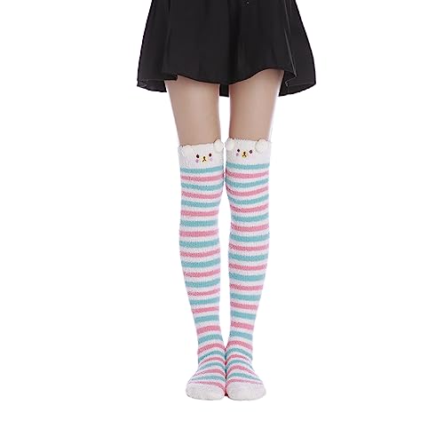 Image of Thigh High Fuzzy Socks Cute Animal Coral Fleece Over the Knee Thigh High Long Stockings Warm Stripe