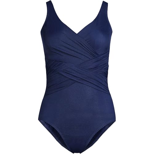 Lands' End Womens Slender Suit Wrap One Piece Swimsuit Deep Sea Navy Regular 6