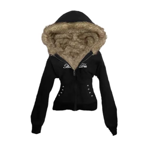 ORANDESIGNE Sweat à Capuche Femme Rétro Décontracté Manteau Long Ajusté avec Fermeture Éclair et Col en Fausse Fourrure Y2k Sweatshirt Chic K Noir S